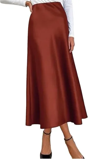 Summer Skirts for Women Solid Satin High Waist Elastic Skirt with Sleek Finish for Office Casual or Special Occasions