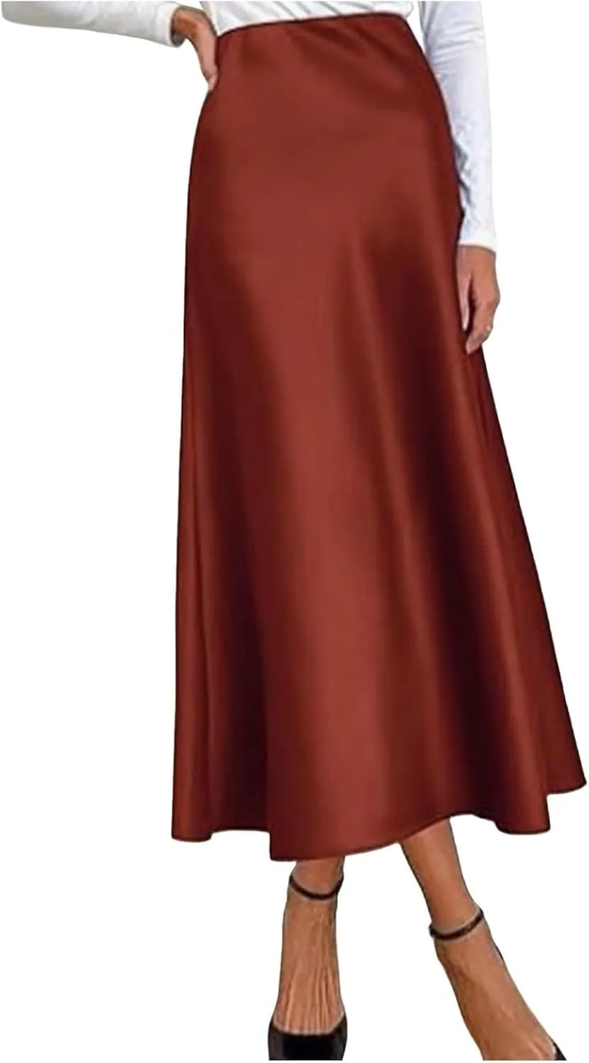 Summer Skirts for Women Solid Satin High Waist Elastic Skirt with Sleek Finish for Office Casual or Special Occasions