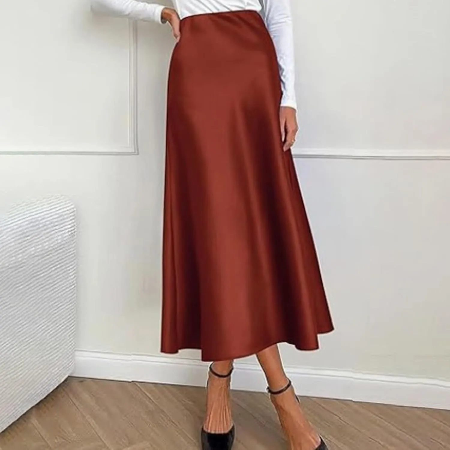 Summer Skirts for Women Solid Satin High Waist Elastic Skirt with Sleek Finish for Office Casual or Special Occasions