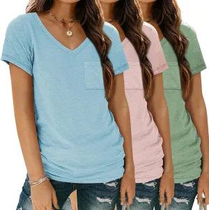 SUNBS 3 Pack Womens V Neck T Shirts Short Sleeve Tees Lightweight Summer Tops with Pocket