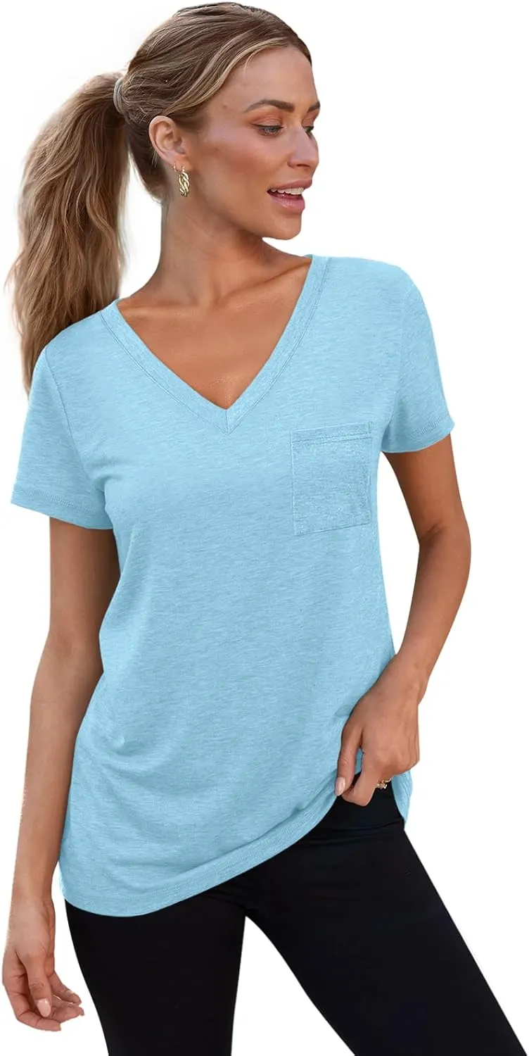 SUNBS 3 Pack Womens V Neck T Shirts Short Sleeve Tees Lightweight Summer Tops with Pocket