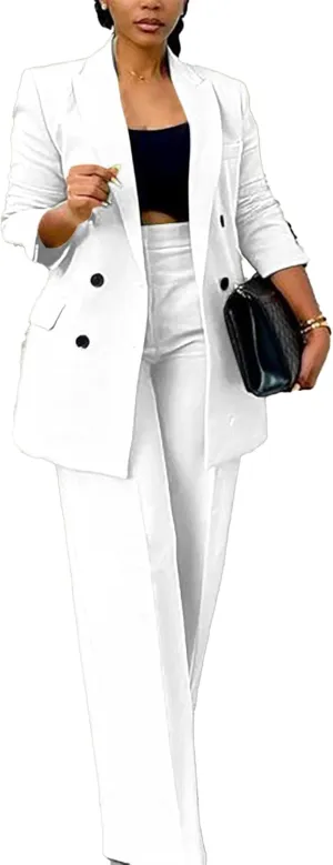 Tcremisa Women's Fashion Pants Suit 2 Piece Business Outfits Casual Double Breasted Blazer and Pant Sets