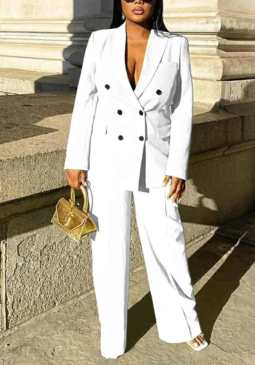 Tcremisa Women's Fashion Pants Suit 2 Piece Business Outfits Casual Double Breasted Blazer and Pant Sets