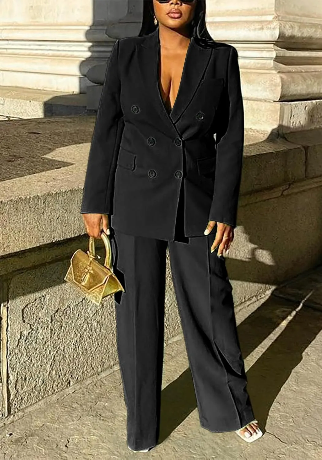 Tcremisa Women's Fashion Pants Suit 2 Piece Business Outfits Casual Double Breasted Blazer and Pant Sets