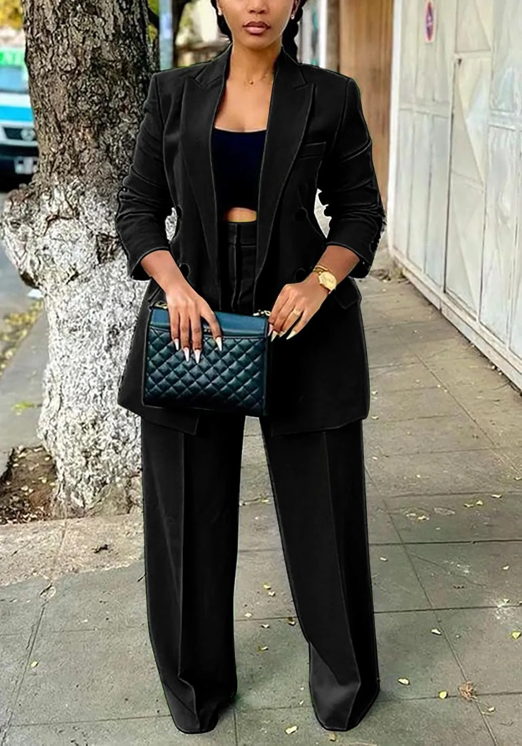 Tcremisa Women's Fashion Pants Suit 2 Piece Business Outfits Casual Double Breasted Blazer and Pant Sets
