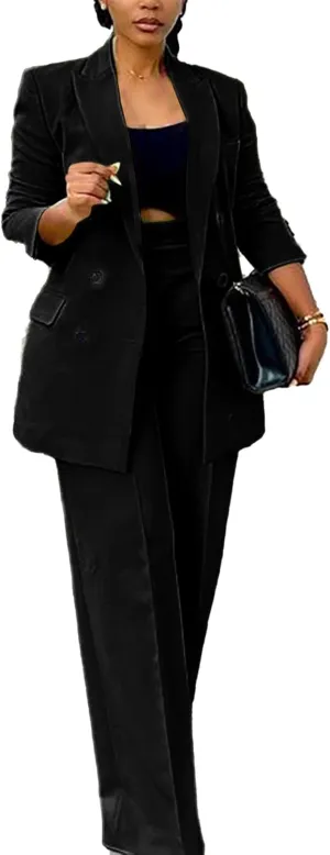 Tcremisa Women's Fashion Pants Suit 2 Piece Business Outfits Casual Double Breasted Blazer and Pant Sets