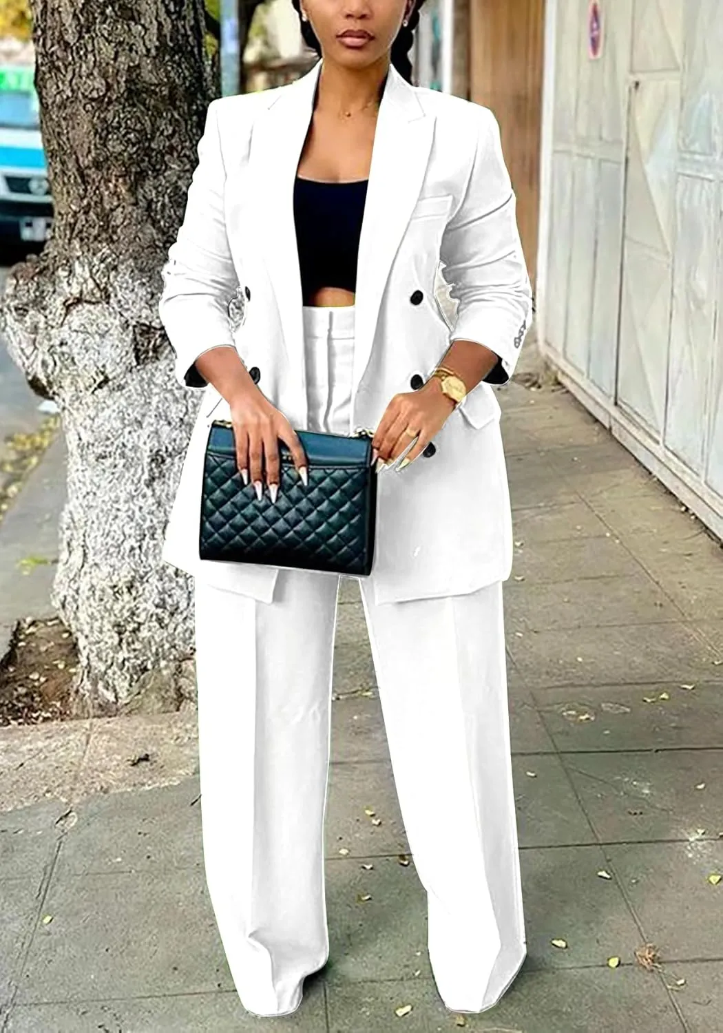 Tcremisa Women's Fashion Pants Suit 2 Piece Business Outfits Casual Double Breasted Blazer and Pant Sets