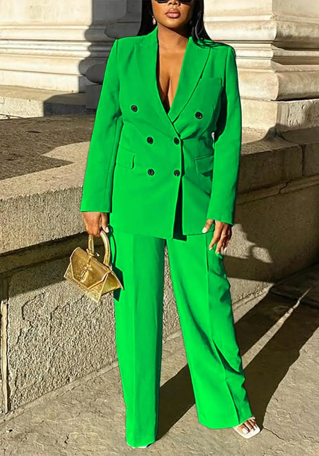Tcremisa Women's Fashion Pants Suit 2 Piece Business Outfits Casual Double Breasted Blazer and Pant Sets