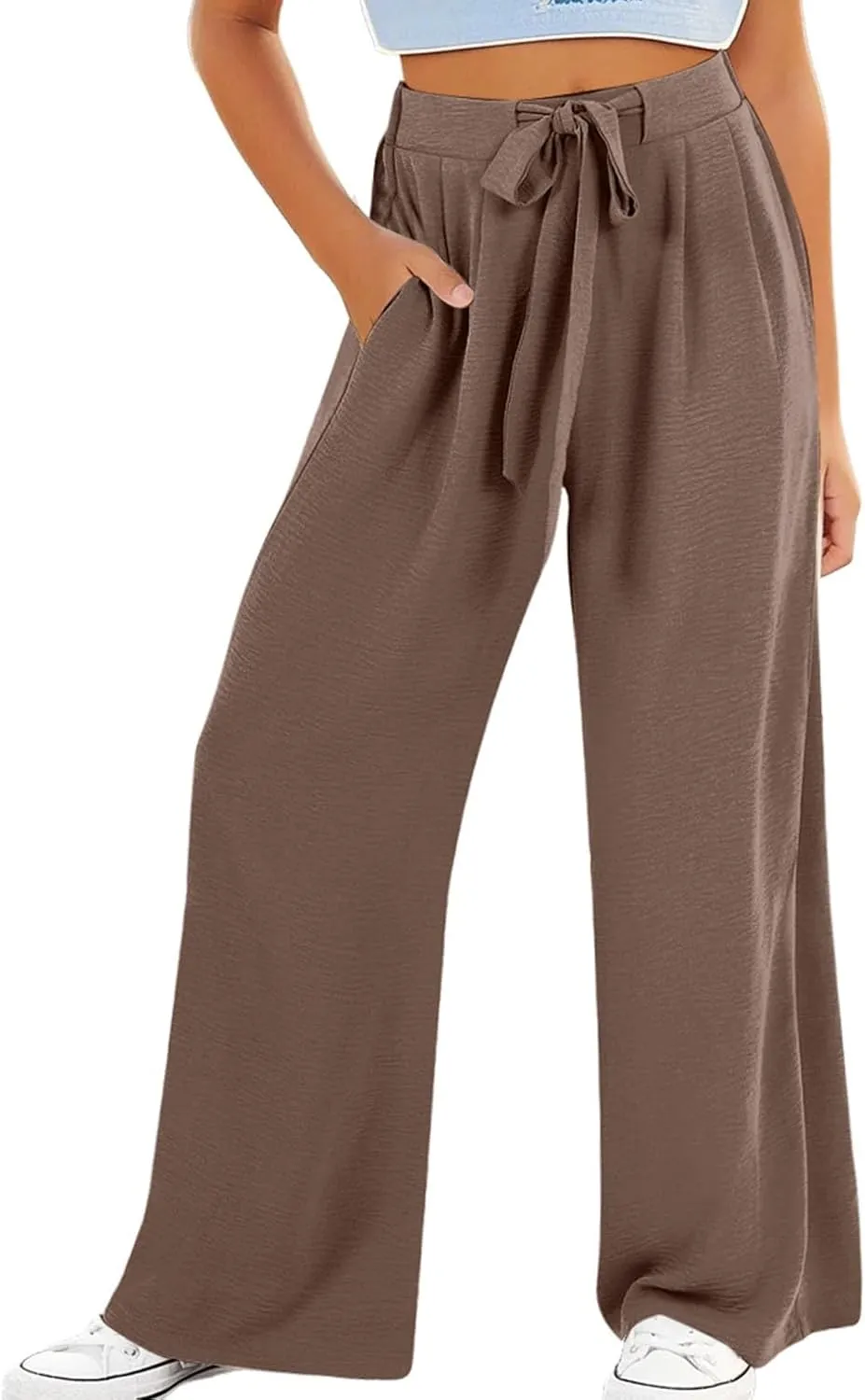 Teen Girls Cotton Linen Wide Leg Pants Drawstring Kids Oversized Casual Lightweight Flowy Palazzo Pants Lounge Long