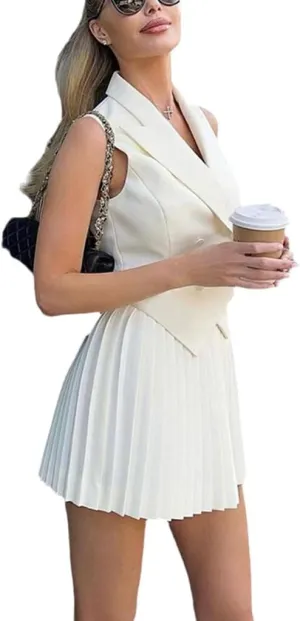 THLAI Women Two Piece Outfits Suits 2024 Summer Sleeveless Blazer Vest and Pleated Mini Skirts Set Business Matching Suits