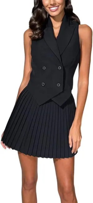 THLAI Women Two Piece Outfits Suits 2024 Summer Sleeveless Blazer Vest and Pleated Mini Skirts Set Business Matching Suits