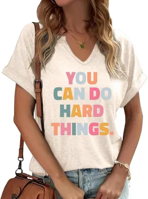 TIXOM Womens Summer V Neck Shirt Funny Letter Printed Graphic Short Sleeve Tee Casual Loose Fit Holiday Tops
