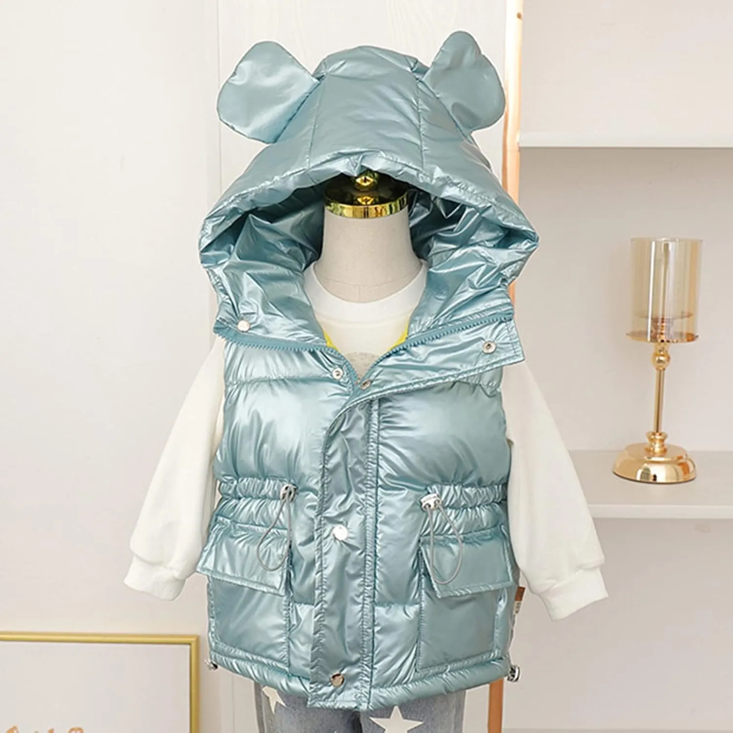 Toddler Boys Girls Puffer Vest Lightweight Water-Resistant Winter Warm Jacket Hoodie Kids Sleeveless Shiny Coats