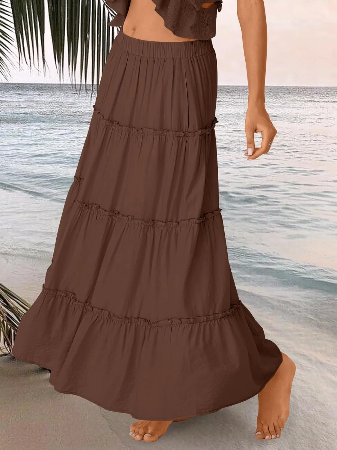 Trendy Queen Long Skirts for Women Boho Maxi Skirt Summer Swing Tiered A-Line Elastic High Waist Dress with Pockets Fashion
