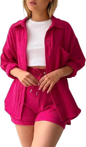 Two Piece Sets for Women Long Sleeve T Shirt Drawstring High Waisted Shorts Casual Summer Beach Vacation Short Sets
