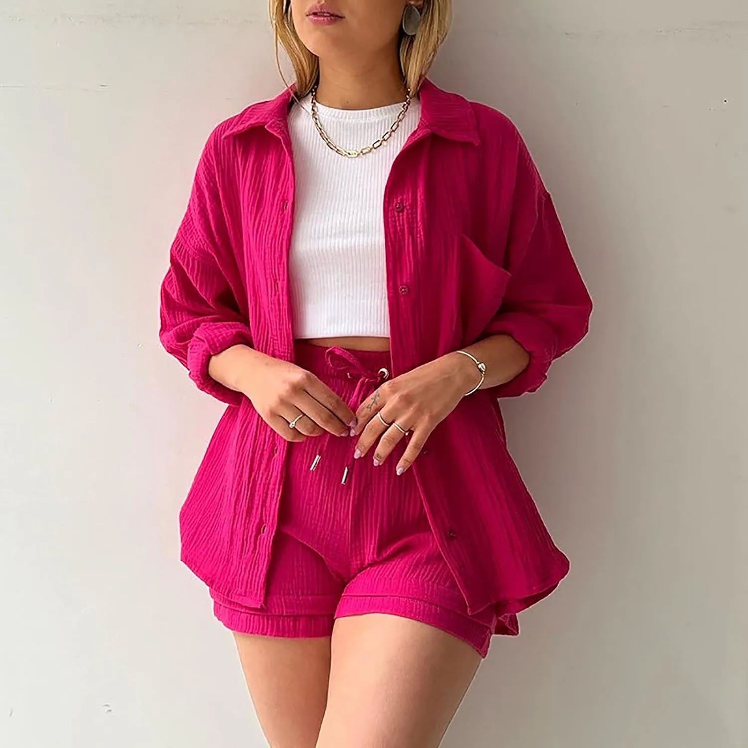 Two Piece Sets for Women Long Sleeve T Shirt Drawstring High Waisted Shorts Casual Summer Beach Vacation Short Sets