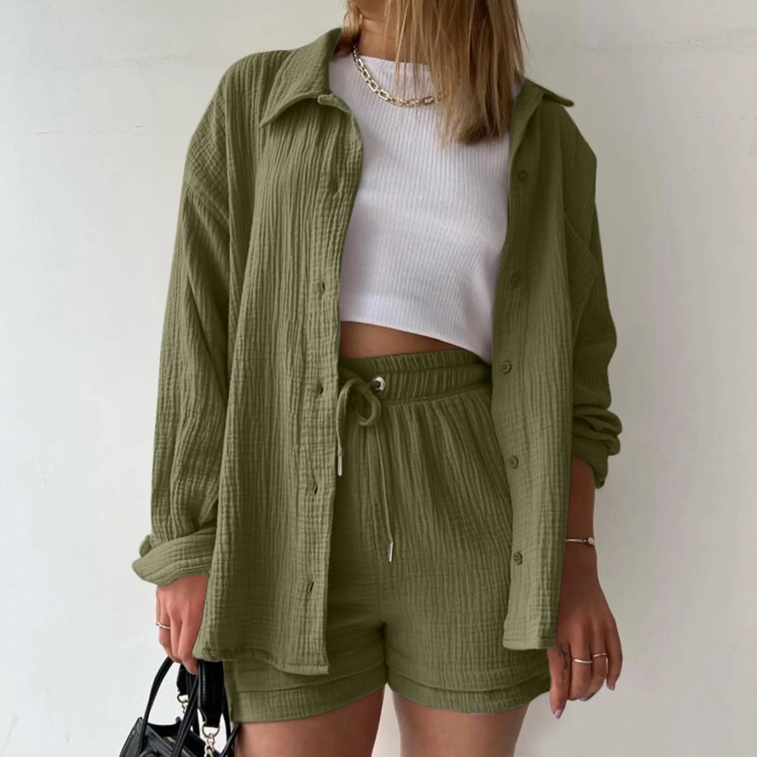 Two Piece Sets for Women Long Sleeve T Shirt Drawstring High Waisted Shorts Casual Summer Beach Vacation Short Sets