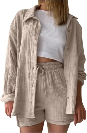 Two Piece Sets for Women Long Sleeve T Shirt Drawstring High Waisted Shorts Casual Summer Beach Vacation Short Sets