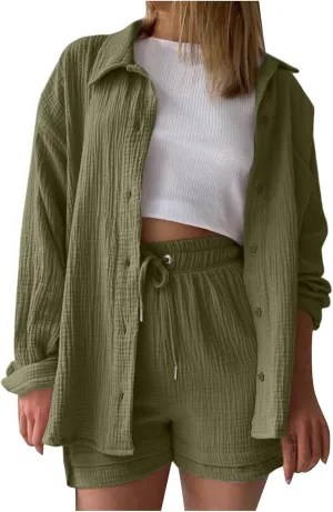 Two Piece Sets for Women Long Sleeve T Shirt Drawstring High Waisted Shorts Casual Summer Beach Vacation Short Sets