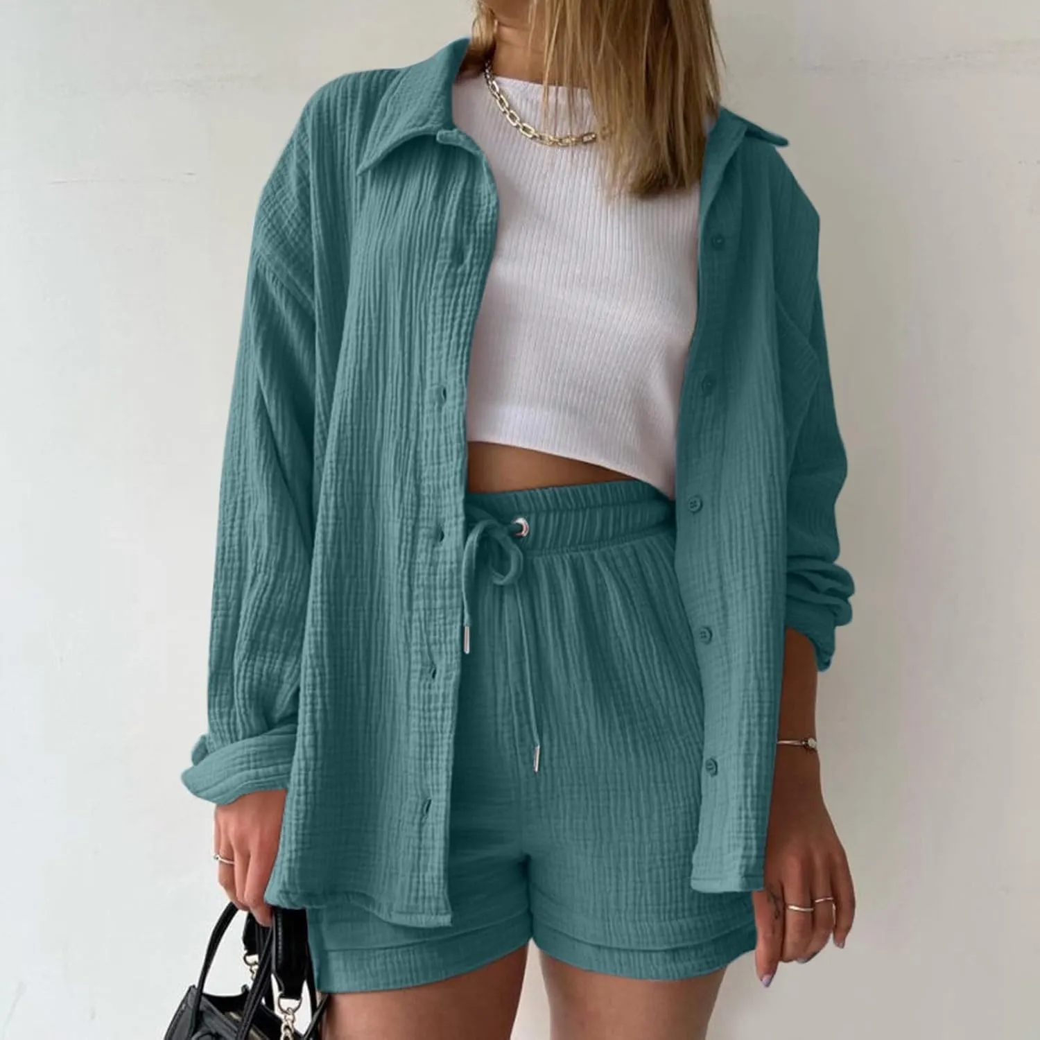 Two Piece Sets for Women Long Sleeve T Shirt Drawstring High Waisted Shorts Casual Summer Beach Vacation Short Sets