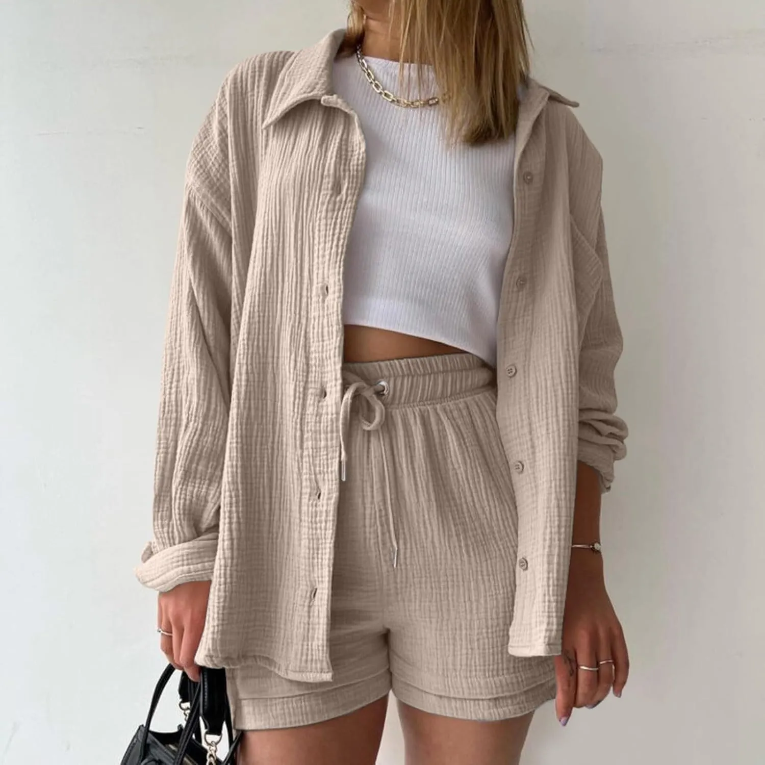 Two Piece Sets for Women Long Sleeve T Shirt Drawstring High Waisted Shorts Casual Summer Beach Vacation Short Sets