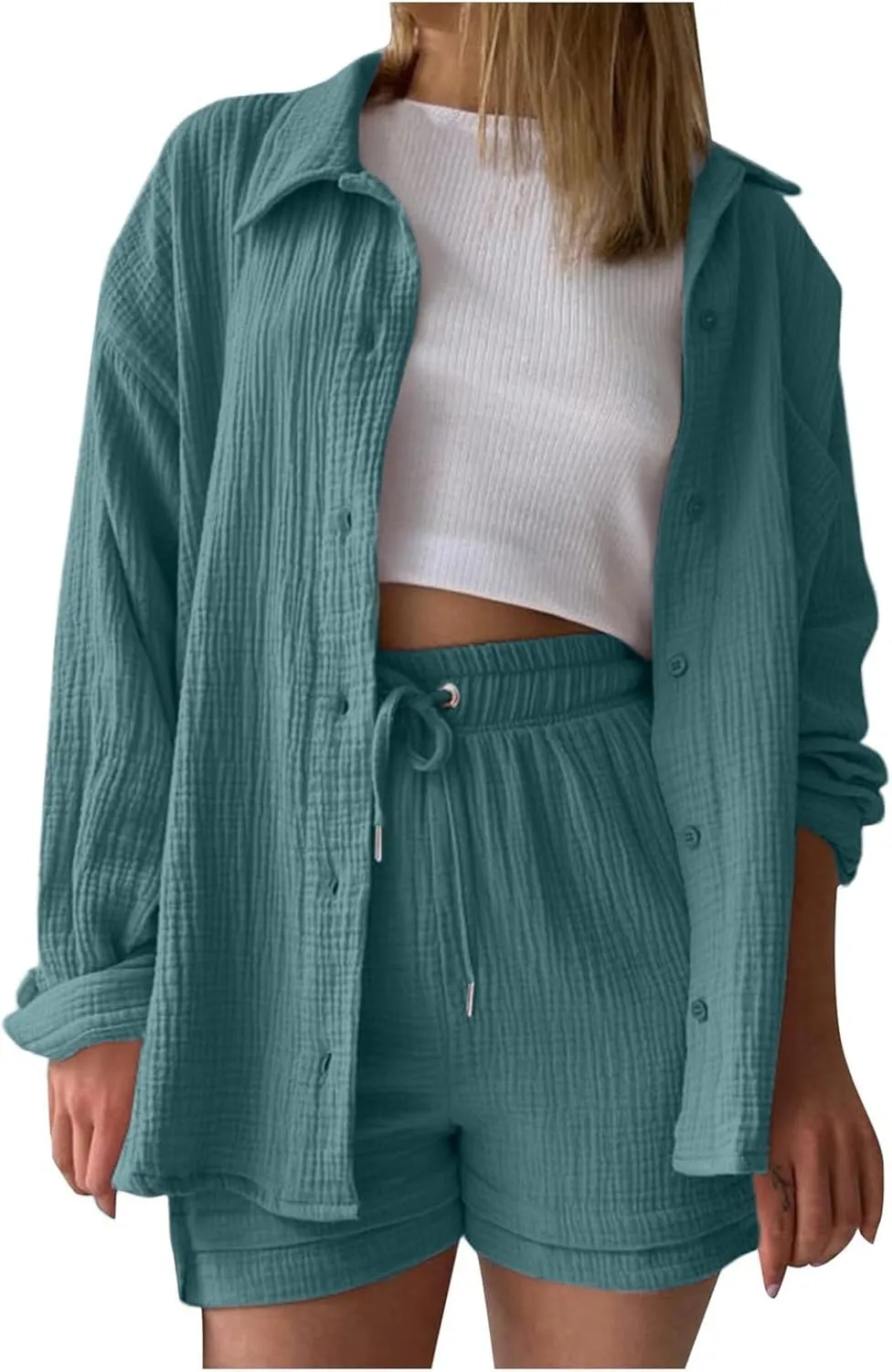 Two Piece Sets for Women Long Sleeve T Shirt Drawstring High Waisted Shorts Casual Summer Beach Vacation Short Sets