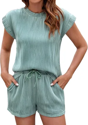 Two Piece Sets for Women Summer Lounge Set Casual Cap Sleeve Crewneck Tops and Drawstring Shorts with Pockets