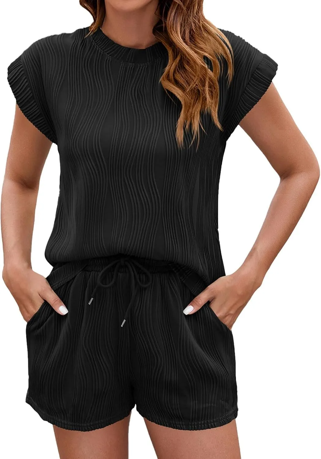 Two Piece Sets for Women Summer Lounge Set Casual Cap Sleeve Crewneck Tops and Drawstring Shorts with Pockets