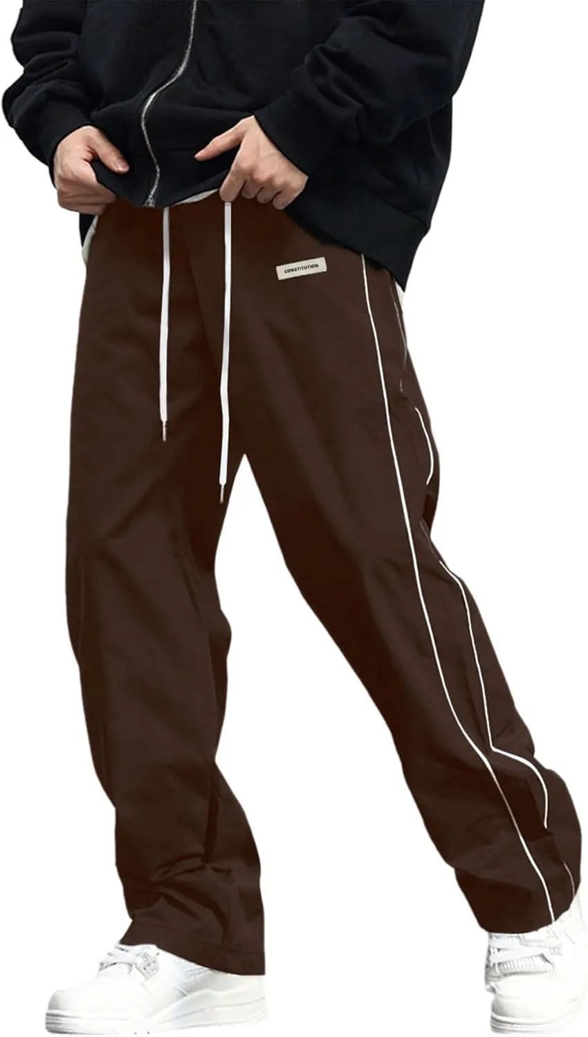 Verdusa Men's Track Pants Straight Leg Acitve Streetwear Elastic Waist Parachute Pants with Pockets