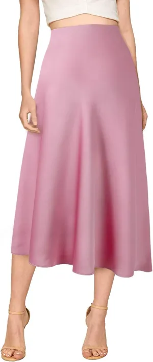 verreisen Women's Elegant Midi Satin Skirt for Work Women Causal Elastic High Waist (Blue