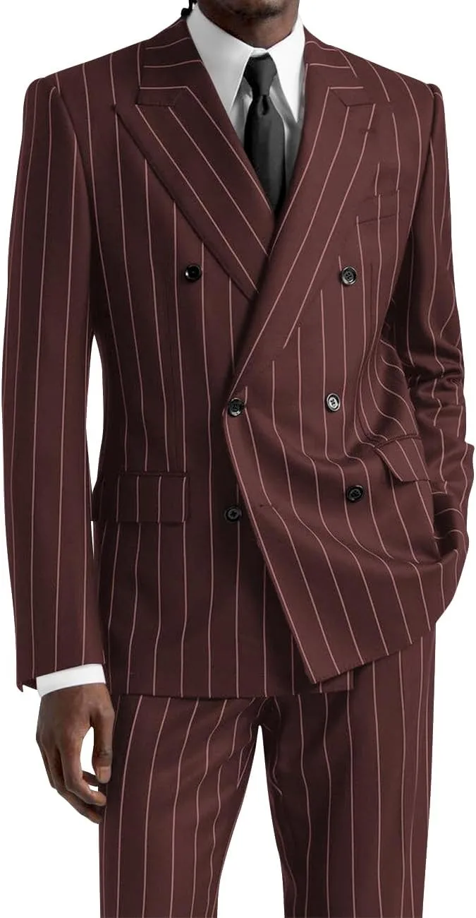 Wangyue Men's Suits 2 Piece Pinstripe Double Breasted Tuxedo Suit for Men Slim Fit Formal Dress Blazer Jacket Pants