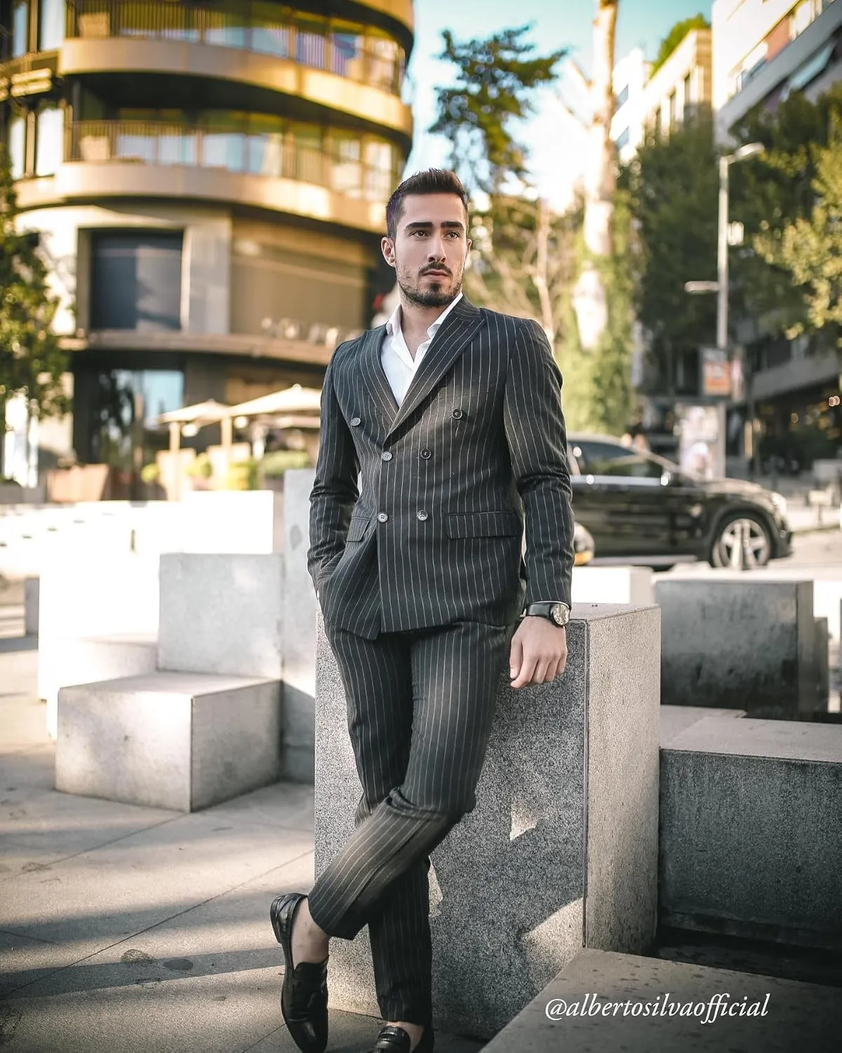 Wangyue Men's Suits 2 Piece Pinstripe Double Breasted Tuxedo Suit for Men Slim Fit Formal Dress Blazer Jacket Pants