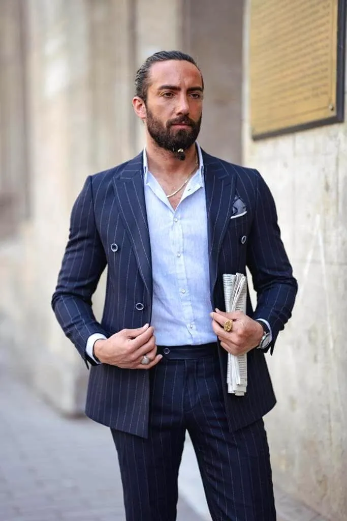 Wangyue Men's Suits 2 Piece Pinstripe Double Breasted Tuxedo Suit for Men Slim Fit Formal Dress Blazer Jacket Pants