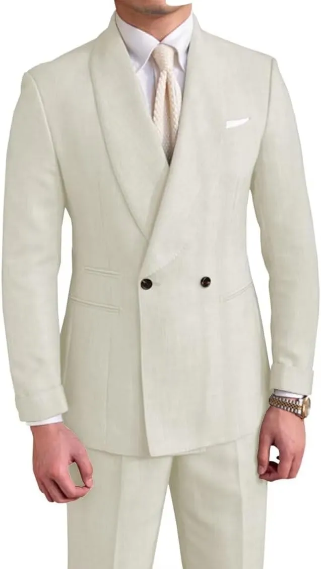 Wedding Mens Linen Suit 2 Pieces Linen Suits for Men Slim Fit Shawl Lapel Beach Wedding Groomsmen Linen Suit 2024
