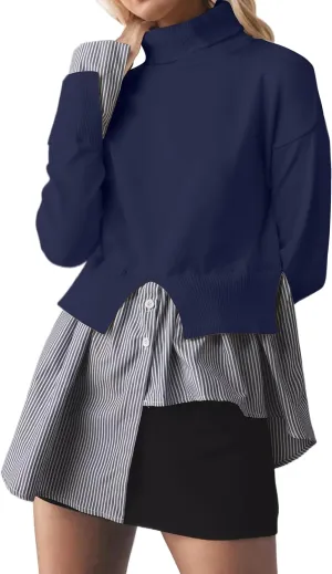 Women Asymmetrical Patchwork Sweaters Slit Turtleneck Pullover Sweater Dress 2 in 1 Sweater Shirt Tunic Sweater Tops