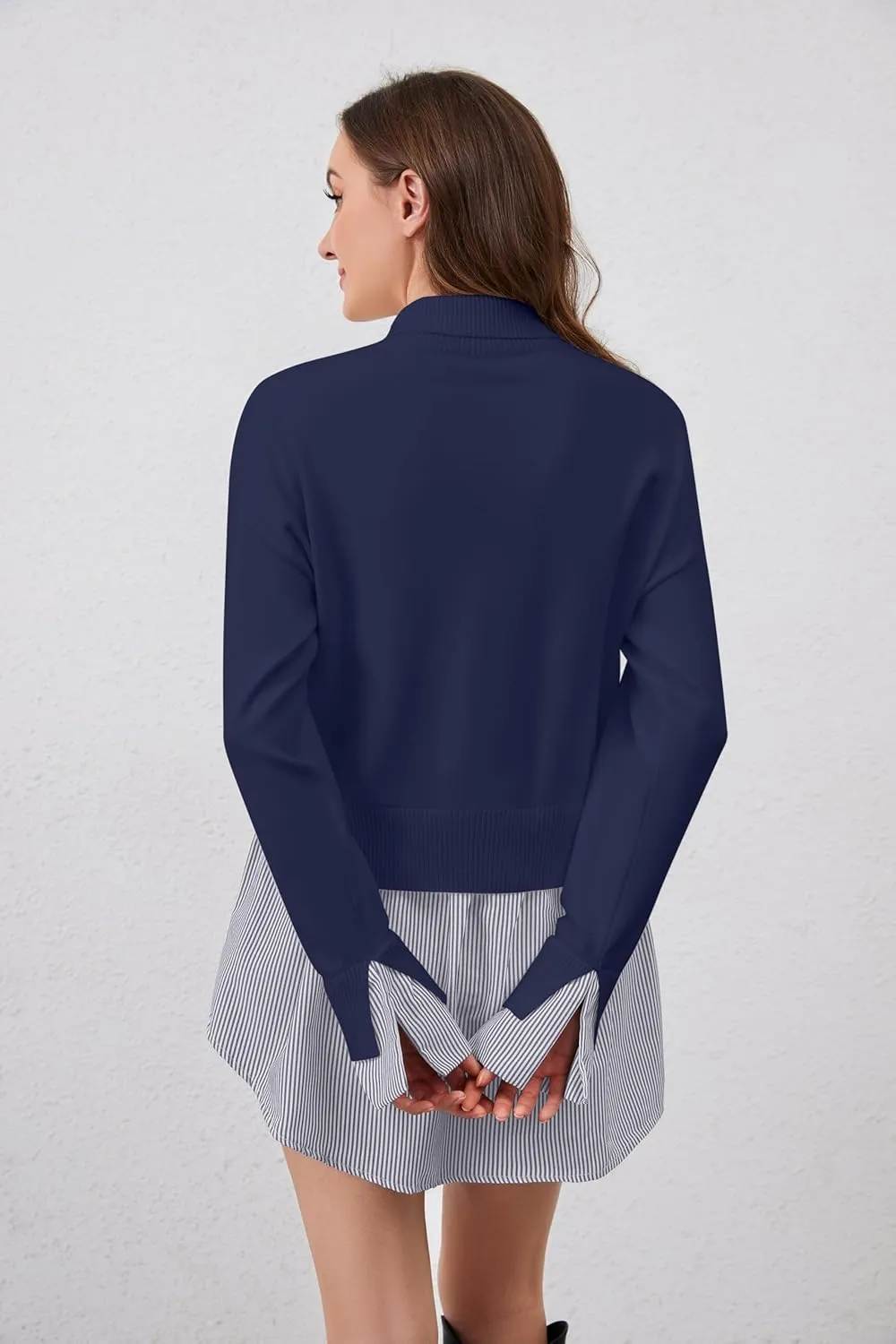 Women Asymmetrical Patchwork Sweaters Slit Turtleneck Pullover Sweater Dress 2 in 1 Sweater Shirt Tunic Sweater Tops