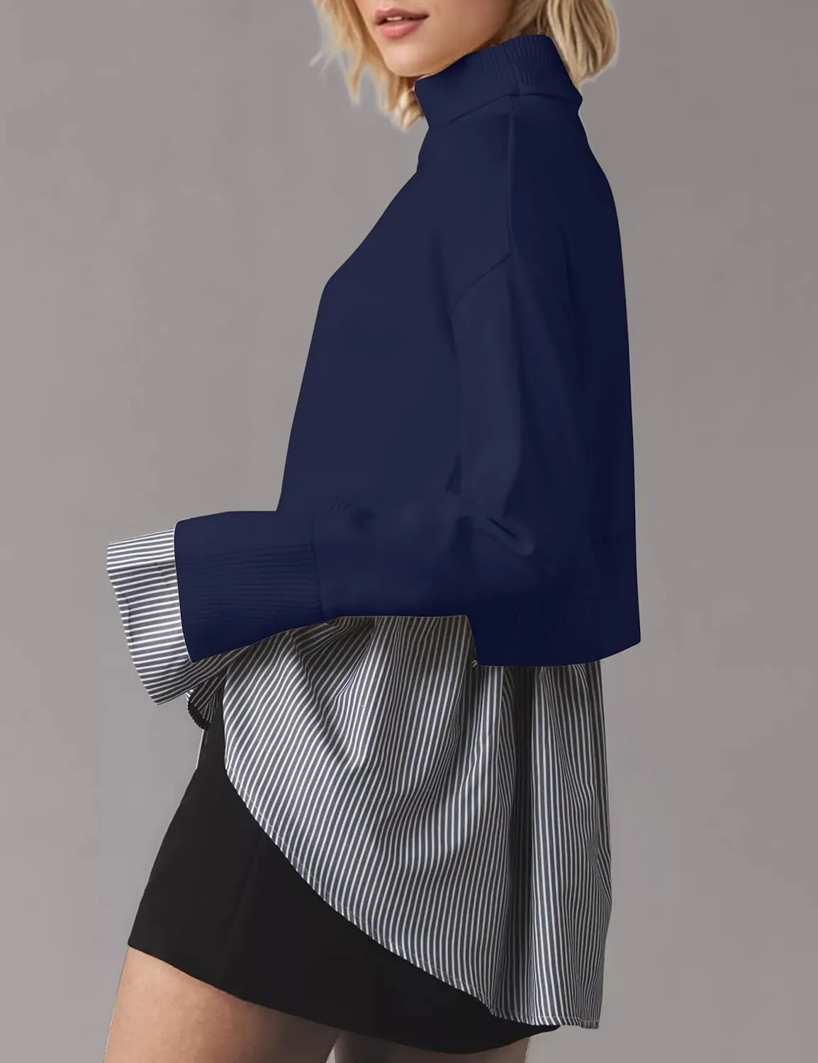 Women Asymmetrical Patchwork Sweaters Slit Turtleneck Pullover Sweater Dress 2 in 1 Sweater Shirt Tunic Sweater Tops