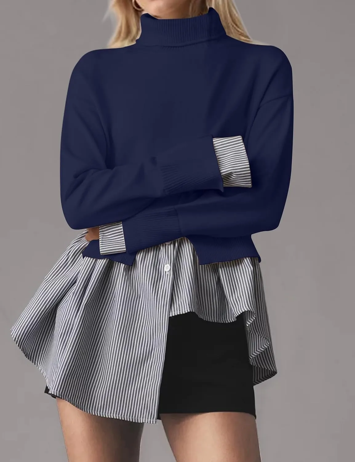 Women Asymmetrical Patchwork Sweaters Slit Turtleneck Pullover Sweater Dress 2 in 1 Sweater Shirt Tunic Sweater Tops