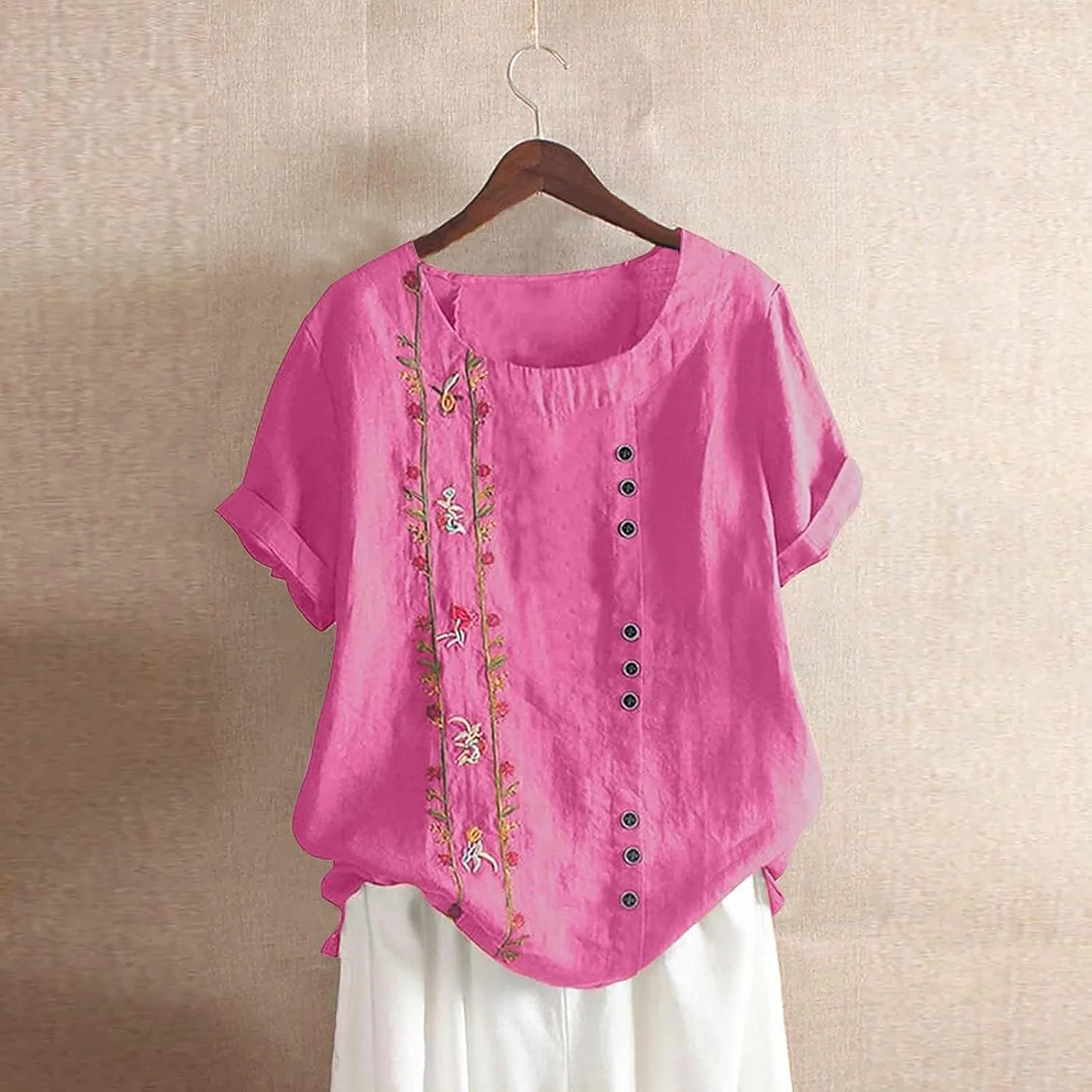 Women Cotton Tops Floral Women Plus Top Short Sleeves Embroidered Plus Size T-Shirts Hawaiian Boho Beach Blouse