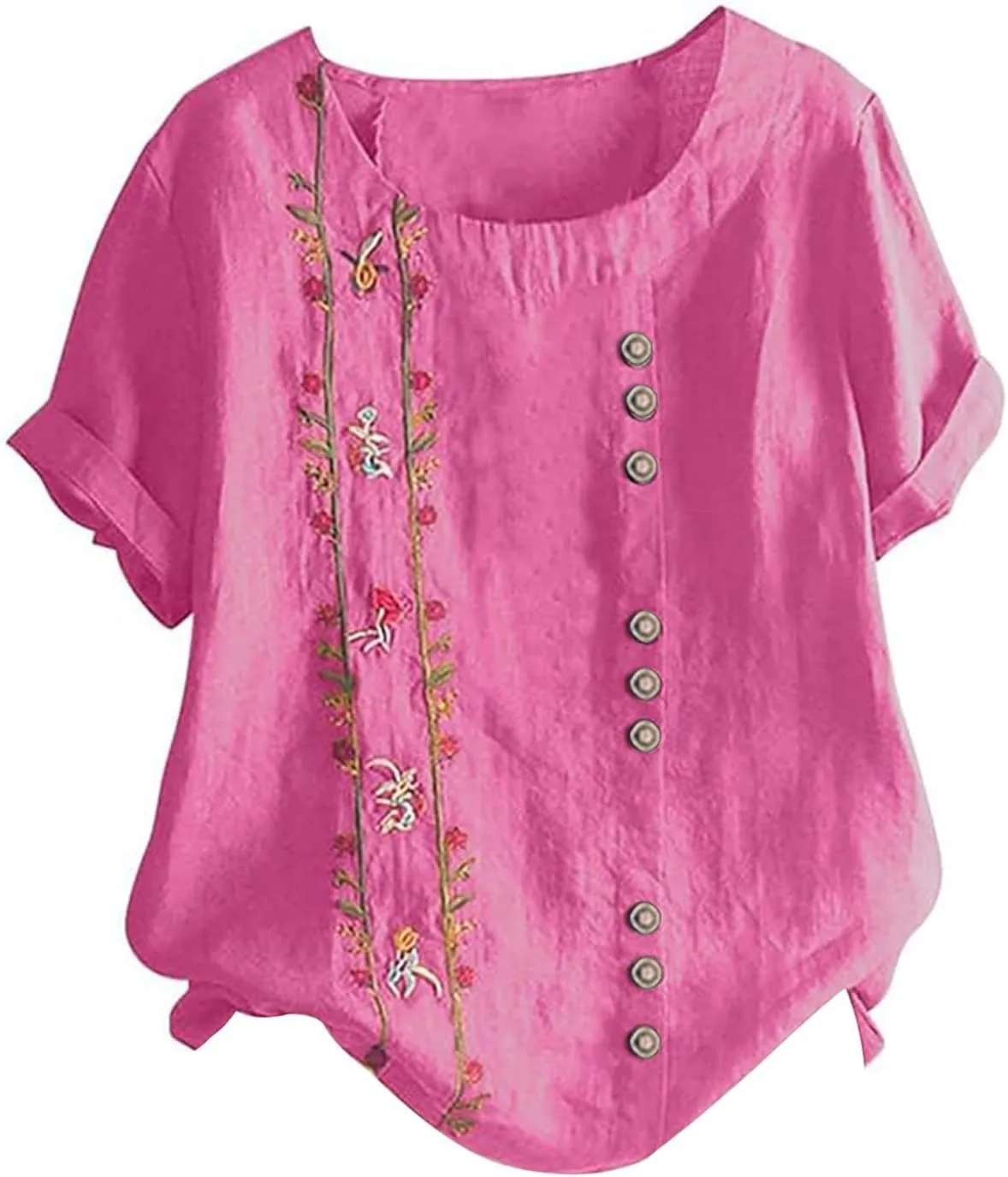 Women Cotton Tops Floral Women Plus Top Short Sleeves Embroidered Plus Size T-Shirts Hawaiian Boho Beach Blouse