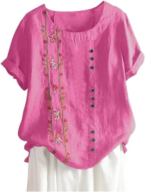 Women Cotton Tops Floral Women Plus Top Short Sleeves Embroidered Plus Size T-Shirts Hawaiian Boho Beach Blouse