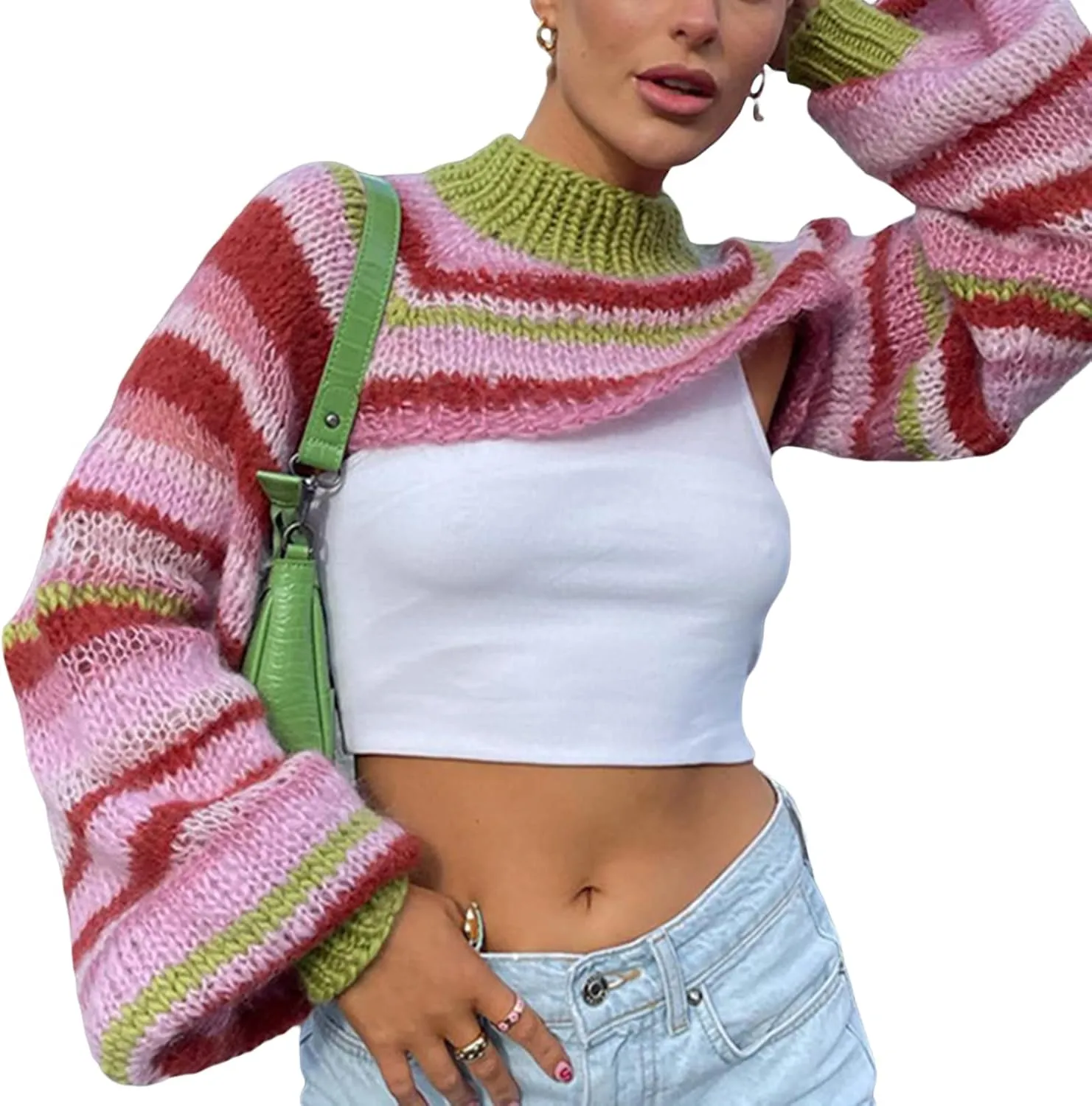 Women Knitted Cropped Sweater Casual Striped Turtleneck Long Sleeves Super Crop Pullover Tops Streetwear