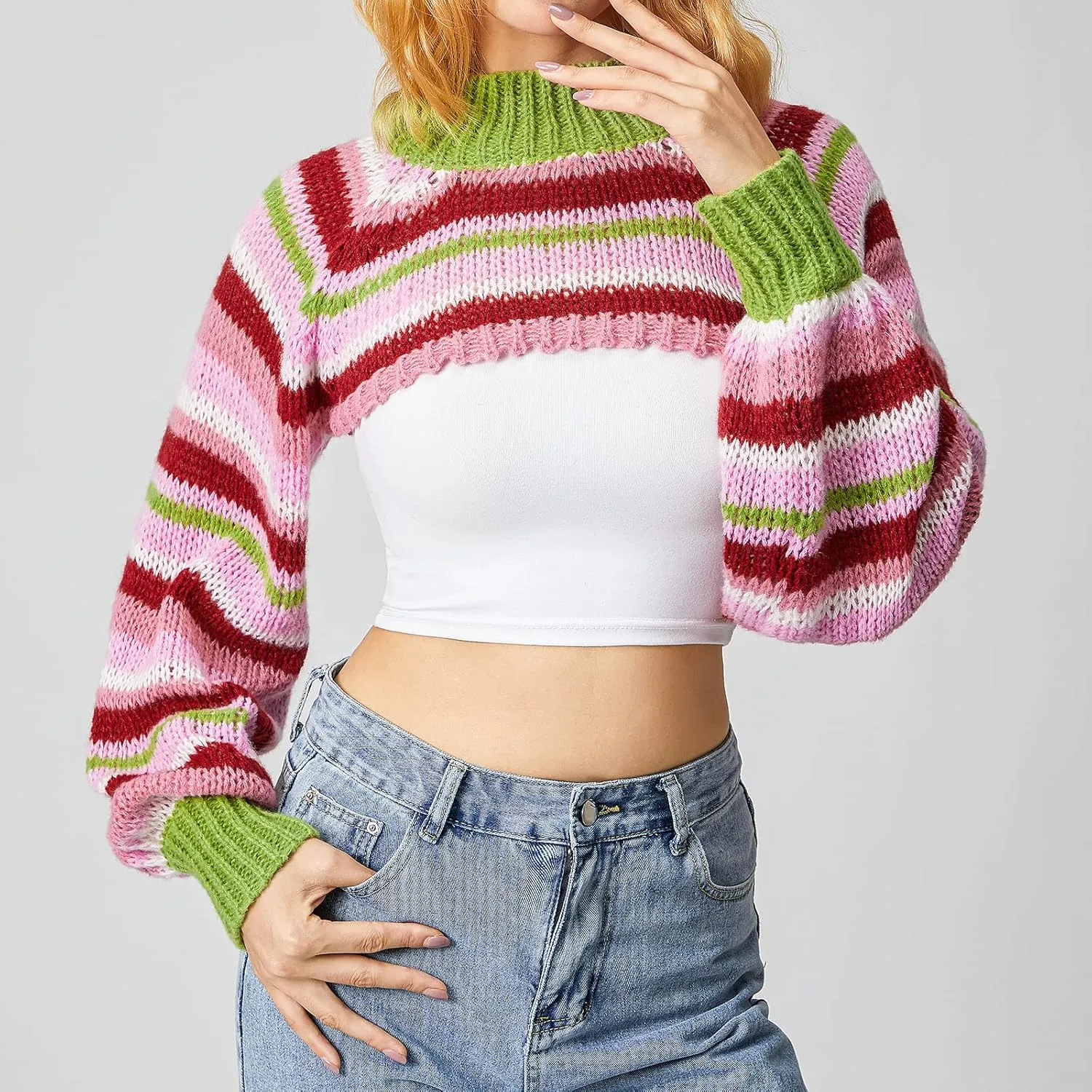 Women Knitted Cropped Sweater Casual Striped Turtleneck Long Sleeves Super Crop Pullover Tops Streetwear