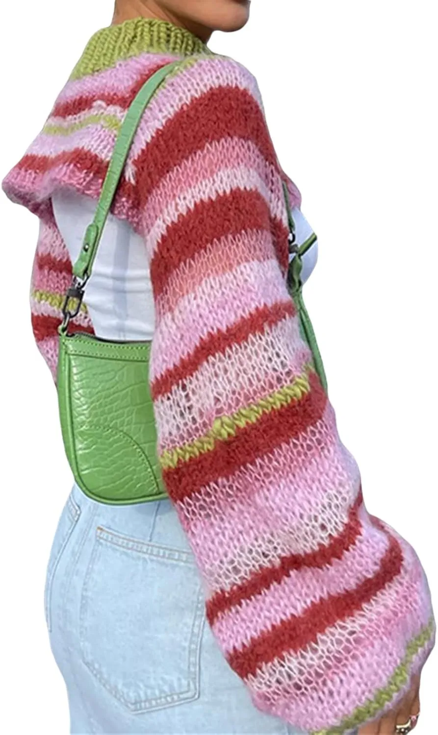 Women Knitted Cropped Sweater Casual Striped Turtleneck Long Sleeves Super Crop Pullover Tops Streetwear