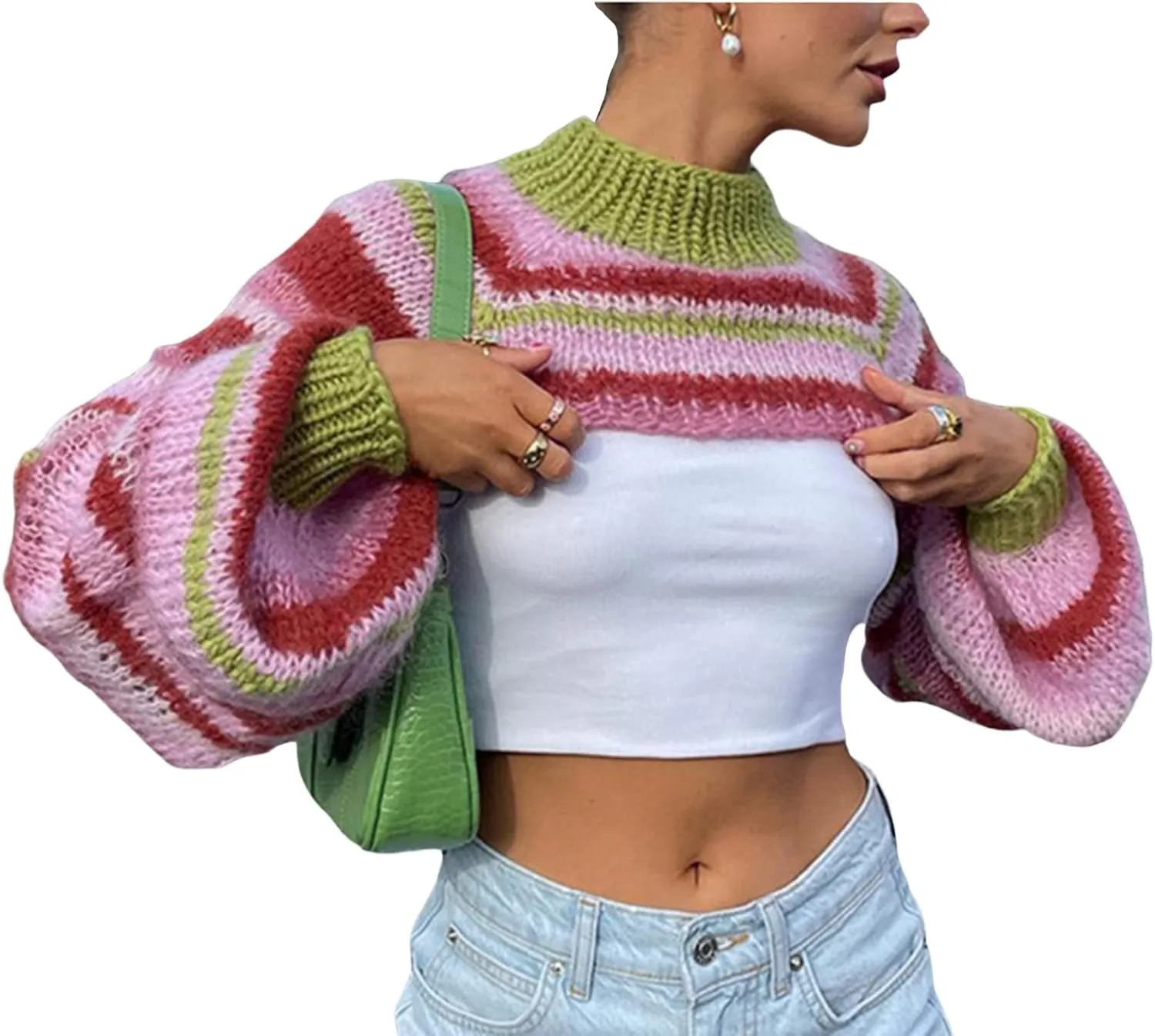 Women Knitted Cropped Sweater Casual Striped Turtleneck Long Sleeves Super Crop Pullover Tops Streetwear