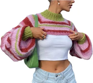 Women Knitted Cropped Sweater Casual Striped Turtleneck Long Sleeves Super Crop Pullover Tops Streetwear
