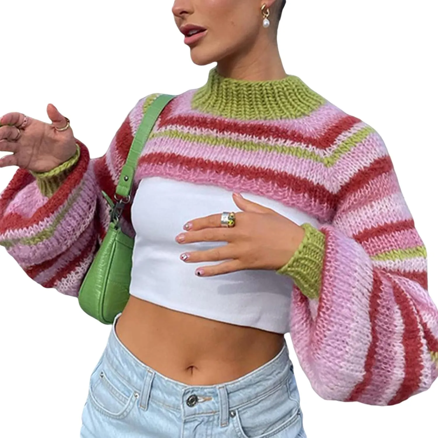 Women Knitted Cropped Sweater Casual Striped Turtleneck Long Sleeves Super Crop Pullover Tops Streetwear