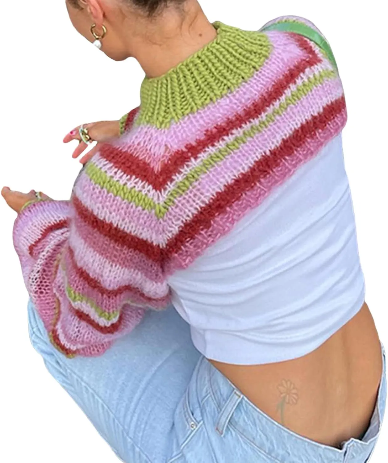 Women Knitted Cropped Sweater Casual Striped Turtleneck Long Sleeves Super Crop Pullover Tops Streetwear