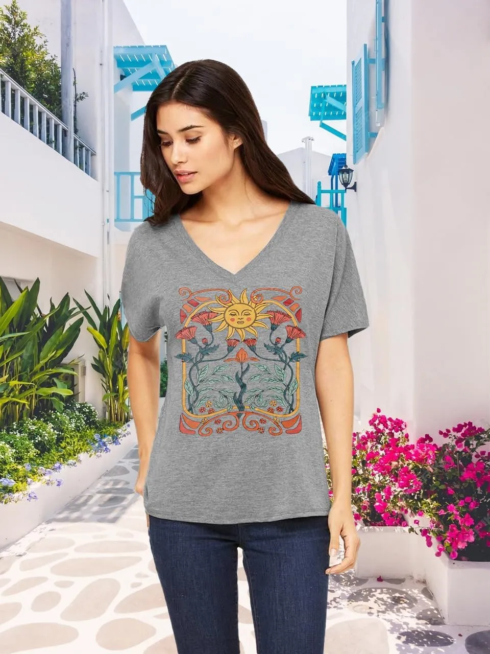 Women V Neck Sunflower Graphic Shirt Cute Dandelion Teen Girls Tee Tops Short Sleeve Cowgirls Casual T Shirts