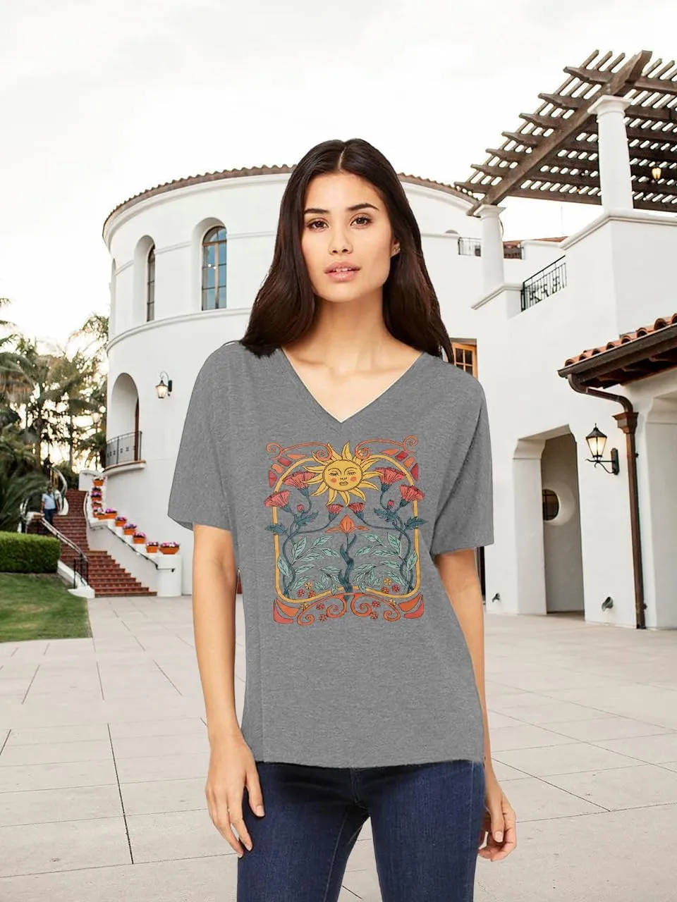 Women V Neck Sunflower Graphic Shirt Cute Dandelion Teen Girls Tee Tops Short Sleeve Cowgirls Casual T Shirts